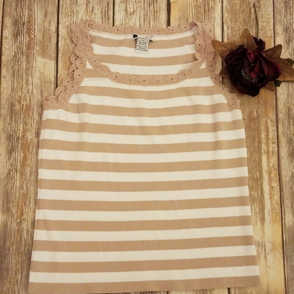 2/$25 Carole Little Tan & White Stripe Knit Top Large L - Picture 1 of 4